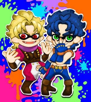Rule 34 | 2boys, blonde hair, blue hair, boots, brown footwear, dio brando, fangs, fingerless gloves, gloves, green eyes, inkling, inkling player character, jojo no kimyou na bouken, jojo pose, jonathan joestar, jonathan joestar's pose, male focus, monster boy, multiple boys, nintendo, nyorori, paint splatter, red eyes, splatoon (series), splatoon 1