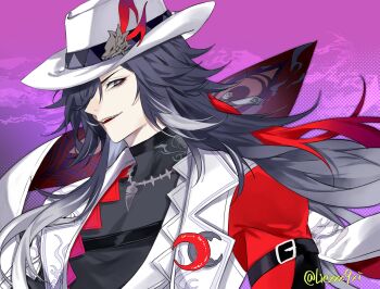 1boy arm_belt ashveil_(honkai:_star_rail) black_hair bright_pupils buckle commentary_request eye_print fedora gradient_hair grey_eyes hat hat_ornament highres honkai:_star_rail honkai_(series) jacket jewelry liexxx9xi long_hair multicolored_hair necklace smile streaked_hair teeth turtleneck twitter_username upper_teeth_only very_long_hair white_pupils