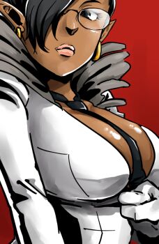 00s 1girl bad_id bad_pixiv_id between_breasts black_eyes black_hair breasts business_suit capcom cleavage dark-skinned_female dark_skin earrings female_focus formal_clothes glasses gloves hair_over_one_eye jewelry large_breasts lips necktie pointy_ears short_hair solo sprocket_(viewtiful_joe) suit viewtiful_joe yukataro