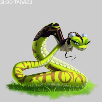 1girl absurdres artist_name blue_eyes full_body grass grey_background highres kung_fu_panda no_humans one_eye_closed shidotara simple_background snake solo viper_(kung_fu_panda)
