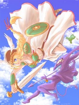 1other 2girls arm_up armor arms_up artist_name ass bell blonde_hair blue_eyes blue_hair blue_sky bodysuit bracer braid breasts capelet chest_guard cleavage cloud colored_skin commentary_request dated day demon_tail dress fake_tail falling green_skin hair_between_eyes hair_ribbon helmet highres holding holding_polearm holding_shield holding_weapon hood hood_up hooded_capelet jingle_bell klixxxx krino_sandra long_dress long_hair looking_at_viewer medium_breasts multiple_girls outdoors parted_lips polearm purple_bodysuit purple_capelet red_ribbon ribbon sabine sandals shield shoulder_armor single_braid sky smile spear tail trident valkyrie_(vnd) valkyrie_no_densetsu weapon white_dress winged_helmet wrist_bell