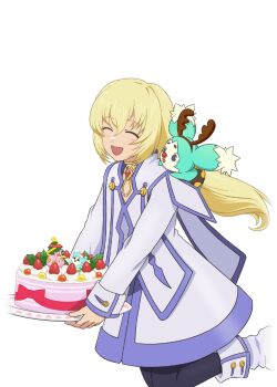 Rule 34 | 1girl, artist request, black pantyhose, blonde hair, blue trim, boots, cake, closed eyes, colette brunel, food, game cg, gem, gold choker, holding, holding cake, holding food, holding plate, jewelry, long hair, looking at viewer, necklace, official art, open mouth, pantyhose, plate, red gem, smile, solo, tales of (series), tales of asteria, tales of symphonia, third-party source, transparent background, white boots