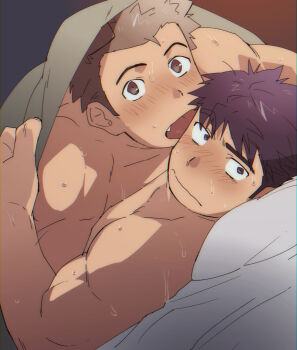 2boys bad_id bad_pixiv_id bara bed bed_sheet blanket blush brown_eyes brown_hair couple implied_sex implied_yaoi licking_another&#039;s_face male_focus multiple_boys muscular naked_sheet original pectoral_docking pectoral_press pectorals pillow purple_eyes sagami_jon shared_blanket sheet_grab short_hair sweat tongue tongue_out under_covers upper_body yaoi