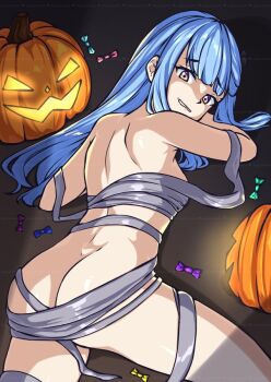 1girl ass bandages breasts commentary english_commentary halloween long_hair looking_at_viewer small_breasts