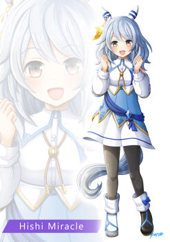 1girl absurdres animal_ears asymmetrical_footwear black_boots blue_dress blue_sash blush boots breasts brown_eyes character_name commentary_request detached_sleeves dress ear_covers full_body grey_hair highres hishi_miracle_(miracle_make-up!)_(umamusume) hishi_miracle_(umamusume) horse_ears horse_girl horse_tail konsu_(konsu1182da) looking_at_viewer medium_hair mismatched_footwear open_mouth pantyhose sash simple_background smile tail umamusume white_background white_boots white_dress white_pantyhose zoom_layer