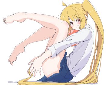1girl 9d_irst ahoge barefoot blonde_hair blue_skirt blush bocchi_the_rock! bow bowtie braid chinese_commentary commentary_request detached_ahoge feet from_side highres ijichi_nijika knees_to_chest long_hair long_sleeves looking_at_viewer one_side_up playing_with_own_hair pleated_skirt polka_dot polka_dot_bow polka_dot_bowtie red_eyes school_uniform shimokitazawa_high_school_uniform shirt side_ponytail side_ponytail_with_braided_base simple_background skirt smile solo thighs toe_scrunch very_long_hair white_background white_shirt