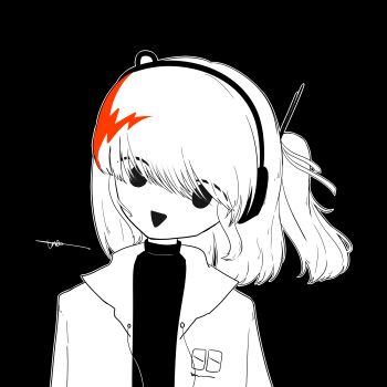 1girl a.i._voice adachi_rei black_background commentary greyscale head_tilt highres jacket long_bangs looking_at_viewer medium_hair monochrome one_side_up open_clothes open_jacket open_mouth runiz signature simple_background solo spot_color upper_body utau