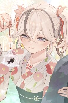 1010_(wuthering1010) 1girl 1other absurdres alternate_costume bag bagged_fish black_eyes black_flower black_goldfish black_sash blake_bloom_(wuthering_waves) breasts camellya_(wuthering_waves) closed_mouth collarbone commentary_request earrings fish flower gold_earrings goldfish hair_flower hair_ornament hair_ribbon hair_vines highres holding japanese_clothes jewelry kimono light_blush looking_at_viewer medium_breasts obi obijime plastic_bag red_pupils red_ribbon revision ribbon sash short_hair smile tacet_mark_(wuthering_waves) white_kimono wuthering_waves