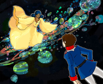 amuro_ray barefoot bindi blue_hair brown_hair dark_skin dress green_eyes gundam hirasawa lalah_sune military military_uniform mobile_suit_gundam space