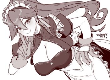 1girl apron breasts cleavage earrings finger_to_cheek jewelry large_breasts long_hair maid_apron maid_headdress monochrome ponytail smile super_robot_wars super_robot_wars_y tsukinami_kousuke work_gloves wren_(srw)
