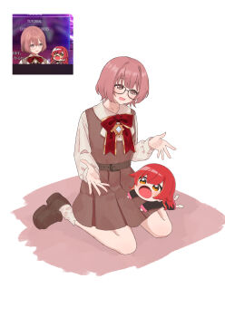 2girls absurdres amayui_moka amayui_moka_(2nd_costume) belt blouse blue_gem bow brown_belt brown_shoes chibi commentary_request dress gem grey_eyes highres loafers multiple_girls nekota_tsuna on_lap on_person open_mouth orange_eyes pinafore_dress pink_hair red_bow red_hair reference_inset round_eyewear shirt shoes short_hair simple_background sitting sleeveless sleeveless_dress socks virtual_youtuber vspo! wariza white_background white_shirt white_socks zephda