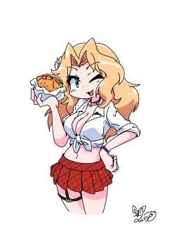 1girl 7654_dog amesuku_gyaru blonde_hair blue_eyes bracelet breasts burger cleavage collarbone collared_shirt colored_skin commentary_request cropped_legs food girls_und_panzer gyaru hand_on_own_hip highres holding holding_food jewelry kay_(girls_und_panzer) kogal large_breasts long_hair looking_at_viewer midriff miniskirt navel one_eye_closed open_mouth pleated_skirt red_skin shirt skirt sleeves_rolled_up solo tied_shirt unmoving_pattern white_shirt