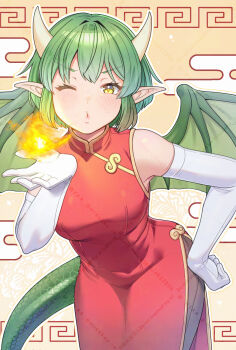 1girl arm_up blowing_kiss breasts breath_weapon breathing_fire brown_background brown_pantyhose china_dress chinese_clothes commentary_request cowboy_shot crossed_bangs double-parted_bangs draco_centauros dragon_girl dragon_horns dragon_tail dragon_wings dress egasumi elbow_gloves fire gloves gold_trim green_hair hand_on_own_thigh highres horns large_breasts leaning_forward looking_at_viewer matsumoto-san meandros medium_hair one_eye_closed outline pantyhose parted_lips pointy_ears puyopuyo puyopuyo_sun red_dress side_slit sleeveless sleeveless_dress solo tail white_gloves white_outline wings yellow_eyes