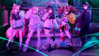 Rule 34 | 5girls, animal ears, asymmetrical legwear, asymmetrical sleeves, bandaid, bandaid on knee, bandaid on leg, baseball cap, belt, beyond the way (vocaloid), black belt, black boots, black choker, black collar, black hair, black hat, black hoodie, black pants, black shoes, black shorts, black socks, black sweater, blonde hair, blue eyes, blue hair, blue shirt, boots, bow, braid, brown hair, brown shoes, chain-link fence, choker, closed mouth, clothes writing, collar, collared shirt, colored tips, commentary request, container, copyright notice, cropped shirt, crossed bangs, curtained hair, dice hair ornament, double-parted bangs, expressionless, fence, flame print, frilled socks, frills, graffiti, grey jacket, hair between eyes, hair flaps, hair ornament, hakos baelz, hakos baelz (1st costume), hakui koyori, hakui koyori (school uniform), half up braid, hand in pocket, hand up, hat, highres, hiodoshi ao, hiodoshi ao (1st costume), hololive, hololive dev is, hololive english, hood, hoodie, jacket, jewelry, kneehighs, lace-up boots, loafers, long hair, long sidelocks, long sleeves, looking at viewer, medium hair, midriff, miniskirt, mismatched legwear, mismatched sleeves, mouse ears, mouse girl, mouse tail, mr. squeaks (hakos baelz), multicolored hair, multiple girls, navel, necklace, o-ring, o-ring choker, o-ring thigh strap, official alternate costume, official art, open mouth, outdoors, pants, parted lips, pink hair, pink skirt, pinstripe jacket, pinstripe pattern, platform boots, pleated skirt, ponytail, print shirt, puffy long sleeves, puffy sleeves, purple eyes, purple hair, red hair, sanosomeha, shirt, shoes, short hair, short shorts, shorts, sidelocks, skirt, sneakers, socks, spiked collar, spikes, standing, strapless, strapless shirt, streaked hair, suit jacket, sweater, sweater tucked in, tail, tail bow, tail ornament, thigh strap, todoroki hajime, todoroki hajime (1st costume), tokino sora, tokino sora (dj hoodie), twintails, two-tone hoodie, two side up, v-neck, very long hair, virtual youtuber, vocaloid, white choker, white hair, white hoodie, white jacket, white shirt, white shoes, white shorts, white socks, wolf cut, wolf ears, wolf girl, wolf tail