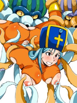 1girl arms_behind_back ass blue_hair blush boots breasts clenched_teeth cunnilingus dragon_quest dragon_quest_iii hat highres king_squid large_breasts legs legs_up licking long_hair looking_away machwing monster nipple_stimulation nipple_tweak nipples oral priest_(dq3) rape red_eyes restrained simple_background skin_tight squid sweat teeth tentacles thighs torn_clothes white_background