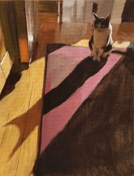 absurdres animal_focus carpet cat commentary english_commentary highres indoors no_humans oil_painting_(medium) original painting_(medium) sergiarts shadow sitting stairs traditional_media wooden_floor