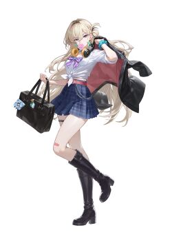 1girl absurdres bag bandaid bandaid_on_leg belt black_bag black_boots black_jacket blonde_hair blowing_bubble_gum blue_skirt boots bow bowtie chewing_gum collared_shirt commentary_request earrings full_body hand_up headphones headphones_around_neck highres holding holding_jacket holding_unworn_clothes jacket jewelry knee_boots long_hair long_sleeves looking_at_viewer lynae_(wuthering_waves) official_alternate_costume official_art pink_belt purple_bow purple_bowtie school_bag school_uniform scrunchie second-party_source shirt simple_background skirt sleeves_rolled_up solo standing standing_on_one_leg thigh_strap unworn_jacket very_long_hair white_background white_shirt wrist_scrunchie wuthering_waves