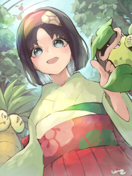 1girl :d black_hair commentary_request e-co erika_(pokemon) exeggutor floral_print gen_1_pokemon gen_2_pokemon green_kimono grey_eyes hairband hakama hakama_skirt hand_up hoppip japanese_clothes kimono nintendo open_mouth pokemon pokemon_(creature) pokemon_lgpe red_hairband red_hakama signature skirt smile victreebel