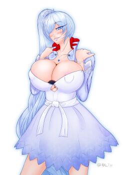 1girl alternate_breast_size_(larger) belt blue_eyes bow breasts bursting_breasts cleavage cropped_jacket crossed_legs dress earrings high_collar huge_breasts jewelry lace lace-trimmed_skirt lace_trim long_hair long_sleeves necklace pendant petticoat ponytail ribbon rwby scar scar_across_eye scar_on_face side_ponytail skirt smile strapless strapless_dress tiara watson_cross weiss_schnee white_dress white_hair wide_sleeves xlthuathopec