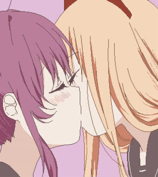 2girls absurdres black_sailor_collar blonde_hair blush bow close-up closed_eyes commentary_request face-to-face hair_bow highres kiss multiple_girls parted_lips pixel_art purple_background purple_hair red_bow sailor_collar sidelocks simple_background sugiura_ayano toshinou_kyouko yuri yuru_kaze yuruyuri