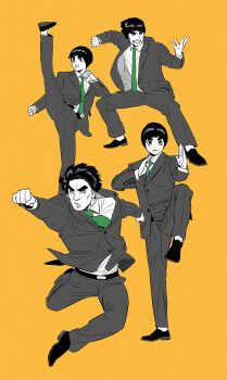 2boys absurdres black_hair black_shoes blunt_bangs bowl_cut clenched_hands closed_mouth collared_shirt commentary_request formal_clothes full_body furrowed_brow green_necktie grey_jacket grey_pants grey_suit grin high_kick highres jacket kicking korean_commentary m0_mo_momo male_focus martial_arts might_guy multiple_boys multiple_views naruto_(series) necktie open_mouth orange_background pants parted_lips rock_lee shirt shoes short_hair smile suit suit_jacket teeth thick_eyebrows white_shirt