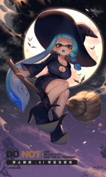 1girl :o bat_(animal) black_boots black_dress black_hat blue_hair blue_tongue boots braid breasts broom broom_riding brown_eyes cleavage cleavage_cutout clothing_cutout colored_tongue commentary dress english_commentary full_body full_moon hat highres inkling inkling_girl inkling_player_character jinkoika large_breasts long_hair long_sleeves midair moon night night_sky nintendo open_mouth pointy_boots pointy_ears single_braid sky solo splatoon_(series) tentacle_hair very_long_hair wide_sleeves witch witch_hat