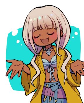 1girl :d bikini blunt_bangs danganronpa_(series) danganronpa_v3:_killing_harmony dark-skinned_female dark_skin drooling hair_ornament highres jacket jewelry long_hair long_sleeves low_twintails navel_piercing necklace open_mouth piercing shell shell_necklace smile solo swimsuit twintails yonaga_angie youko-shima