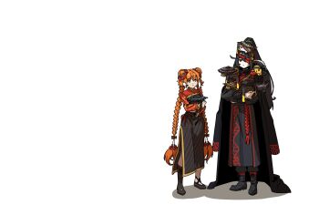 1boy 1girl animalization black_boots black_coat black_dress black_hair black_hanfu black_shoes boots braid chinese_clothes coat coat_on_shoulders commentary_request don_quixote_(project_moon) double_bun dress family_hierarch_candidate_(identity)_(project_moon) faust_(project_moon) gregor_(project_moon) hair_bun hanfu heathcliff_(project_moon) heishou_pack-mao_branch_(identity)_(project_moon) heishou_pack-si_branch_(identity)_(project_moon) heishou_pack-wei_branch_(identity)_(project_moon) heishou_pack-wu_branch_(identity)_(project_moon) heishou_pack-you_branch_(identity)_(project_moon) highres hong_lu_(project_moon) ishmael_(project_moon) korean_commentary limbus_company long_hair multicolored_hair orange_hair outis_(project_moon) ponytail project_moon red_rope red_shrug rodion_(project_moon) rope ryoshu_(project_moon) shoes shrug_(clothing) side_slit sidelocks simple_background sinclair_(project_moon) streaked_hair twin_braids u_pu_u very_long_hair white_background white_hair yi_sang_(project_moon)