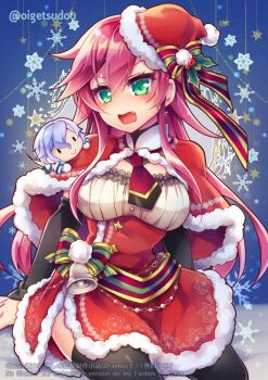 1girl black_thighhighs blush breasts capelet celis_ortesia chibi christmas detached_sleeves double-parted_bangs dress eiyuu_densetsu embarrassed english_text fang fur-trimmed_capelet fur-trimmed_dress fur_trim green_eyes hair_between_eyes hat kuro_no_kiseki_(series) large_breasts necktie oigetsudou_(byakuya_yuu) open_mouth rion_balthazar santa_costume santa_dress santa_hat sidelocks smile snowflakes thighhighs twitter_username watermark