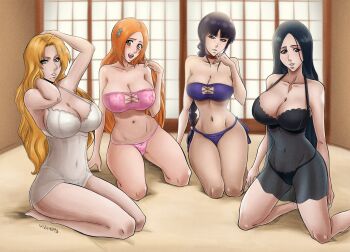 4girls artist_name bare_shoulders black_hair bleach bleach:_sennen_kessen-hen blonde_hair blue_eyes braid braided_ponytail breasts brown_eyes cleavage cleavage_cutout clothing_cutout collarbone hair_down hair_ornament hairclip highres indoors inoue_orihime ivizard_art93 kurotsuchi_nemu large_breasts long_hair matsumoto_rangiku mole mole_under_mouth multiple_girls navel nightgown orange_hair scar scar_on_chest shiny_skin snowflake_hair_ornament stomach strawberry_blonde unohana_retsu