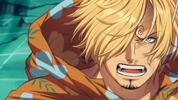 1boy blonde_hair blue_eyes commentary curly_eyebrows english_commentary facial_hair goatee hair_over_one_eye hawaiian_shirt highres kr_(k_r_xx) long_hair male_focus messy_hair mustache_stubble one_piece sanji_(one_piece) shirt solo stubble upper_body