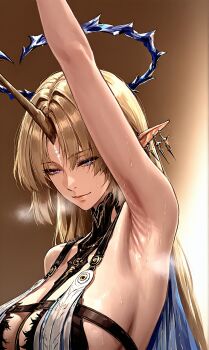 1girl arm_up armpits bare_shoulders black_dress blonde_hair blue_eyes blue_hair breasts closed_mouth colored_inner_hair crown_of_thorns dress earrings fleurdelys_(wuthering_waves) highres horns jewelry large_breasts long_hair looking_at_viewer lousselisa multicolored_hair pointy_ears presenting_armpit single_horn solo very_long_hair wuthering_waves yellow_horns