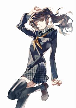 Rule 34 | 1girl, ;o, black jacket, black sailor collar, black serafuku, black skirt, black thighhighs, brown eyes, brown hair, brown shoes, commentary, earrings, highres, jacket, jewelry, kujikawa rise, kurenaikiyumi, leg lift, leg up, long hair, long sleeves, looking at viewer, neckerchief, one eye closed, open mouth, persona, persona 4, sailor collar, school uniform, serafuku, shoes, skirt, solo, stud earrings, thighhighs, twintails, yasogami school uniform, yellow neckerchief