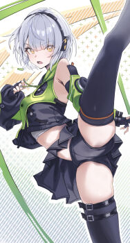 1girl anby_demara bare_shoulders black_gloves black_shorts black_skirt black_thighhighs braid braided_sidelock commentary_request detached_sleeves dotted_background fingerless_gloves gloves green_jacket green_sleeves grey_hair headphones highres jacket leg_up looking_at_viewer midriff multicolored_sleeves open_mouth orange_eyes short_hair shorts skirt solo split standing standing_on_one_leg standing_split striped_background sweatdrop thighhighs tooyon v-shaped_eyebrows white_background zenless_zone_zero