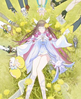 4boys 6+girls aether_(genshin_impact) aino_(genshin_impact) albedo_(genshin_impact) arlecchino_(genshin_impact) bag big_itachi black_gloves black_hair black_hands claw_ring closed_eyes colored_extremities columbina_(genshin_impact) commentary cupping_hands dodoco_(genshin_impact) dori_(genshin_impact) drawing_(object) dress durin_(genshin_impact) eye_mask feet_out_of_frame fingerless_gloves frilled_sleeves frills genshin_impact gloves grass harp hashtag-only_commentary head_wings highres holding holding_another's_wrist holding_bag holding_drawing holding_hands holding_instrument ineffa_(genshin_impact) instrument jahoda_(genshin_impact) lantern lauma_(genshin_impact) long_hair lumine_(genshin_impact) luonnotar_(genshin_impact) lying mask multicolored_hair multiple_boys multiple_girls nefer_(genshin_impact) on_back on_ground out_of_frame own_hands_together paimon_(genshin_impact) purple_hair sandrone_(genshin_impact) sleeves_past_fingers sleeves_past_wrists smile two-tone_hair v varka_(genshin_impact) white_dress white_gloves wings