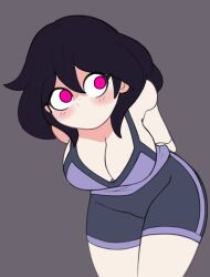 Rule 34 | 1girl, arms behind back, black hair, blush, breasts, character request, cleavage, copyright request, cowboy shot, doce, dress, female focus, grey background, gym shorts, hair between eyes, highres, leaning forward, looking to the side, no mouth, pink eyes, purple dress, shorts, simple background, solo