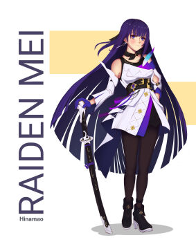 Rule 34 | 1girl, absurdres, black boots, black pantyhose, boots, character name, commentary, earrings, english commentary, full body, gloves, heta, highres, honkai (series), honkai impact 3rd, jacket, jewelry, long hair, long sleeves, looking at viewer, pantyhose, purple eyes, purple gloves, purple hair, raiden mei, raiden mei (apho), shadow, single earring, single glove, single sleeve, solo, standing, very long hair, white background, white jacket, white sleeves