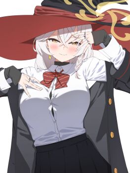 1girl absurdres black_hat black_jacket black_skirt blue_archive blush bow bowtie braid breasts button_gap crossed_bangs diagonal-striped_bow diagonal-striped_bowtie diagonal-striped_clothes eri_(blue_archive) fingernails grey_hair halo hand_on_own_chest hat highres jacket jewelry large_breasts loeldrive long_sleeves looking_at_viewer multicolored_hair multiple_rings pleated_skirt red_bow red_bowtie red_hair ring shirt shirt_tucked_in simple_background single_braid skirt solo streaked_hair striped_bow striped_bowtie striped_clothes two-tone_hair undershirt white_background white_shirt witch_hat