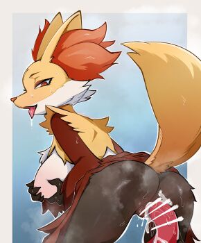 1boy 1girl animal_ear_fluff animal_ears ass bar_censor black_fur body_fur border breasts breath censored commentary_request cum cum_overflow delphox fang fox_ears fox_girl fox_tail from_behind furry furry_female gen_6_pokemon grabbing_own_breast hetero highres large_breasts lolobox looking_at_viewer looking_back multicolored_fur nintendo open_mouth outside_border penis pokemon pokemon_(creature) pussy_juice red_eyes saliva sex snout solo_focus steaming_body sweat tail tongue tongue_out vaginal yellow_fur