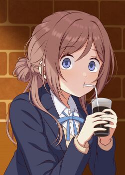 1girl absurdres blue_eyes blue_jacket blue_ribbon brown_hair contamination_(contami0813) cup drinking_straw drinking_straw_in_mouth gakuen_idolmaster hair_between_eyes hair_bun highres himesaki_rinami holding holding_cup idolmaster jacket long_hair make_heroine_ga_oo_sugiru! parody ribbon scene_reference shirt sidelocks solo staring surprised upper_body vest white_shirt yanami_anna yellow_vest