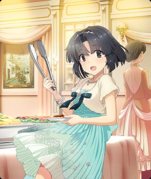 2girls :d aqua_bow aqua_dress back_bow backless_dress backless_outfit black_hair blue_dress blush bow brown_hair buffet cowboy_shot dot_nose dress earrings floral_print food formal_clothes game_cg grey_eyes hairband holding holding_plate holding_tongs indoors jewelry large_bow looking_at_viewer multiple_girls musumi_kiyoka necklace official_art open_mouth orange_dress parted_bangs picture_frame plate print_dress rose_print short_hair shrug_(clothing) smile solo_focus third-party_source toji_no_miko toji_no_miko:_kizamishi_issen_no_tomoshibi tongs white_shrug