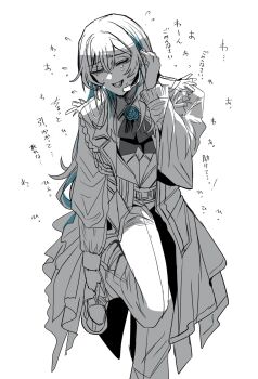 Rule 34 | 1girl, ado (utaite), blue hair, chando (ado), closed eyes, coat, commentary request, greyscale, gunjyou (gunjyou 00), highres, long hair, long sleeves, microphone, mole, mole under eye, monochrome, nervous sweating, open mouth, pants, simple background, solo, spot color, sweat, translation request, white background