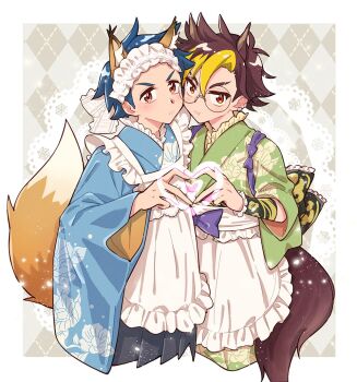 Rule 34 | 2boys, animal ears, apron, blonde hair, blue hair, blue kimono, border, brown hair, brown tail, commentary request, cowboy shot, crossdressing, crossdressing (mtf), digimon, digimon beatbreak, glasses, green kimono, heart, heart hands, heart hands duo, japanese clothes, kimono, maid, male focus, male maid, multicolored hair, multiple boys, round eyewear, sanada makomi, souda raito, tenma tomoro, two-tone hair, wa maid, white apron, white border
