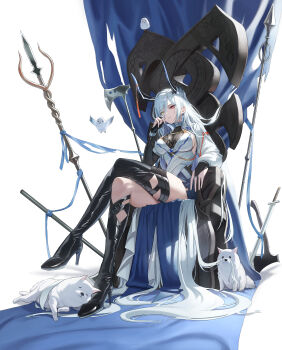 1girl absurdly_long_hair absurdres animal asymmetrical_sleeves axe battle_axe bird black_boots black_horns blue_gemstone boots breasts bridal_gauntlets commentary cropped_jacket crossed_legs dog dress gem guegue hair_between_eyes heterochromia high_heel_boots high_heels highres horn_ornament horn_ring horns jacket large_breasts long_hair long_hair_between_eyes long_sleeves looking_at_viewer open_clothes open_jacket original parted_lips polearm red_eyes sitting sitting_on_throne solo spear sword thigh_boots throne very_long_hair weapon white_background white_dress white_hair white_jacket yellow_eyes