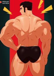 1boy absurdres artist_name ass bara biceps black_eyes black_hair crestren feet_out_of_frame hand_on_own_hip highres huge_ass looking_at_viewer looking_back lucas_lee male_focus male_swimwear manly mature_male muscular muscular_arms muscular_legs muscular_male no_pants patreon_logo patreon_username scott_pilgrim_(series) scott_pilgrim_takes_off short_hair simple_background smirk solo spiked_hair swim_briefs thick_eyebrows thighs thunder topless_male triceps