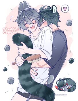 Rule 34 | 2boys, :d, ^ ^, ahoge, animal ear fluff, animal ears, animalization, artist name, black male underwear, black shirt, blush, closed eyes, collarbone, commentary request, crossed bangs, flying sweatdrops, furball, green hair, grey hair, hair between eyes, hair brush, heart, highres, holding, holding another's tail, holding hair brush, hug, hug from behind, jewelry, lighter (zenless zone zero), male focus, male underwear, multiple boys, multiple scars, necklace, open mouth, rabbit, rabbit boy, rabbit ears, rabbit tail, scar, scar on arm, scar on neck, shedding, shedding fur, shirt, short hair, short sleeves, simple background, smile, speech bubble, spoken heart, sweatdrop, tail, teeth, tiger, tiger boy, tiger ears, tiger tail, twitter username, underwear, upper teeth only, urouroshiro, white background, white shirt, wise (zenless zone zero), yaoi, zenless zone zero