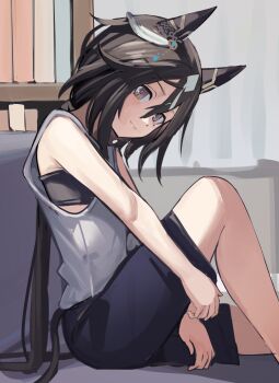 1girl animal_ears black_bra black_hair black_shorts bookshelf bra bra_peek commentary feather_hair_ornament feathers green_eyes hair_between_eyes hair_ornament highres horse_ears horse_girl horse_tail knee_up long_hair looking_at_viewer low_ponytail ponytail shirt shorts sitting sleeveless sleeveless_shirt solo solokitsune stay_gold_(umamusume) tail umamusume underwear very_long_hair white_shirt