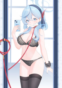 1girl absurdres ako_(blue_archive) asanohara_(user_yjmr2387) black_bra black_panties blue_archive blue_eyes blue_hair blue_halo bone bra breasts cellphone cleavage commentary_request hair_between_eyes hairband halo highres holding holding_phone lace lace_bra lace_panties large_breasts leash long_hair looking_at_viewer mirror_selfie mouth_hold navel panties phone selfie solo standing thighhighs underwear