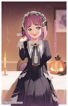 1girl :d arrow_(symbol) blush border candle dress eyelashes fire gazing_eye hair_ornament hairclip hand_up happy headdress highres indoors jack-o'-lantern lacey_(fall_2025)_(pokemon) lacey_(pokemon) long_hair long_sleeves looking_at_viewer mixed-language_commentary nintendo official_alternate_costume open_mouth pokemon pokemon_masters_ex pokemon_tower_ghost purple_hair sitting sitting_on_table smile solo translation_request watermark web_address white_border