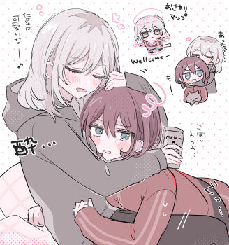 2girls absurdres animal beer_can blue_eyes blush can cat commentary dotted_background drink_can drunk girls_band_cry grey_cat grey_hair grey_hoodie hamchan69 highres holding holding_animal holding_can holding_cat hood hoodie hug iseri_nina jacket kawaragi_momoka long_hair long_sleeves multicolored_hair multiple_girls open_mouth red_hair red_jacket roots_(hair) short_twintails smile twintails yuri